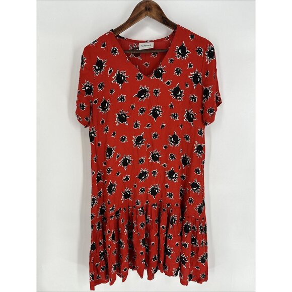 GANNI Rosemary Coral Red Pleated Flowers Floral Tiered Ruffle Summer Dress Sz XS - Picture 10 of 16